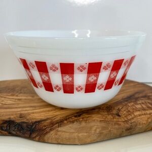 Federal Glass Red Plaid Mixing Bowl Checker Gingham 8in Milk Glass Farmhouse
